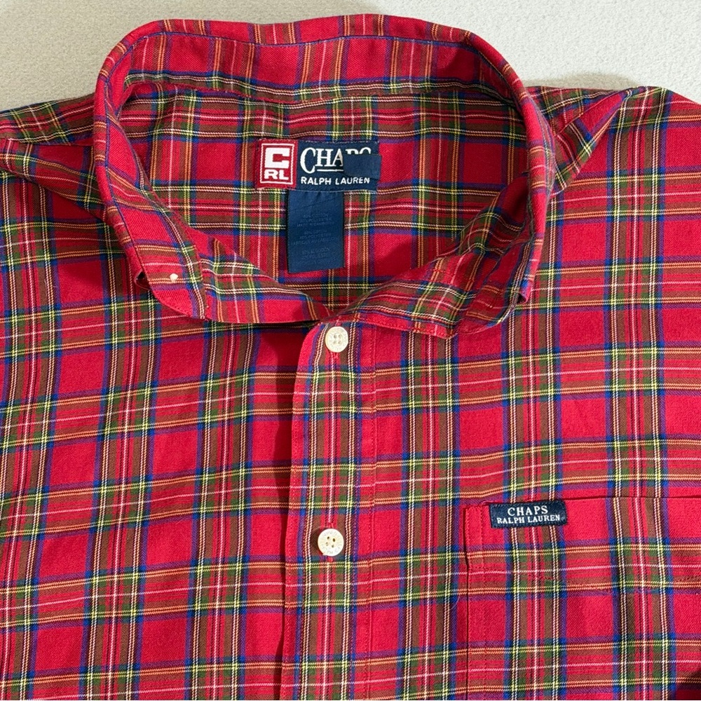 Vintage Chaps Ralph Lauren Men’s XL Red Tartan Plaid Button Down Dress Shirt - Picture 3 of 12